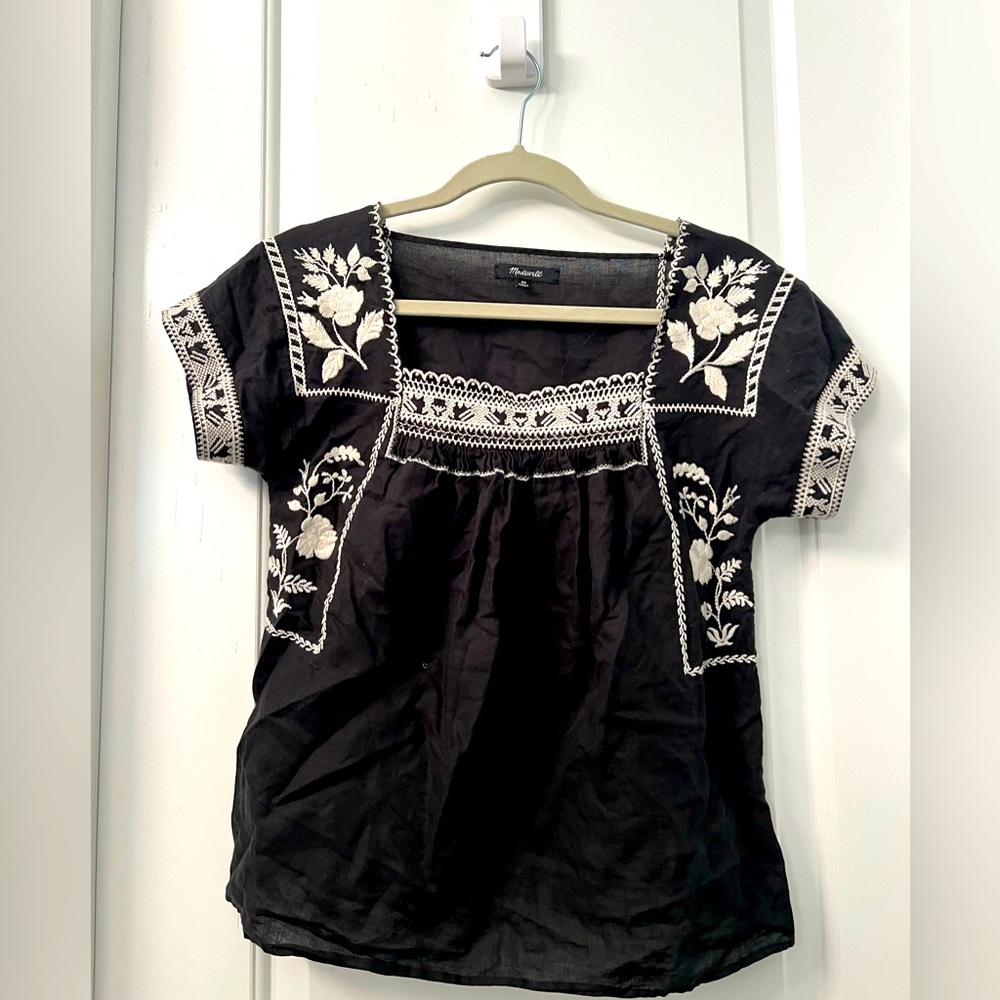 Madewell peasant black embroidered floral top